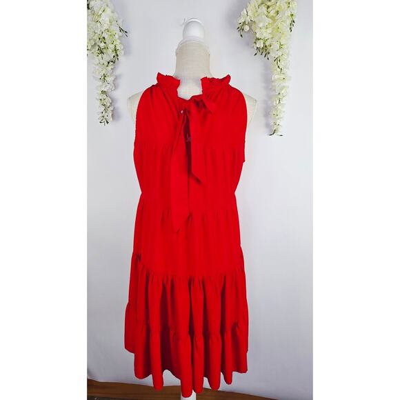 Pinch Tiered Halter Neck Dress Large Red Sleeveless Cottagecore Spring Summer - Picture 4 of 12